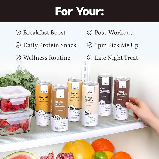 Slate Milk - High Protein Milk Shake - Chocolate Variety Pack - Chocolate, Dark Chocolate, Mocha Latte - Lactose Free, 20g Protein, 1g Sugar, 100-110 Calories, 1-3g Net Carbs - 11 fl oz, 12 Cans