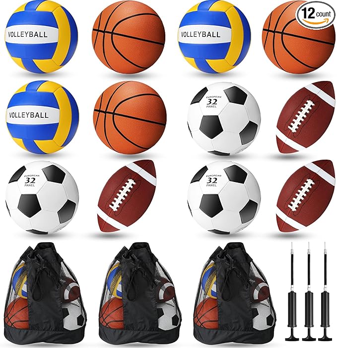 Jenaai Sport Balls Set Official Size Basketball Football Volleyball Soccer Ball with Equipment Bags and Pumps Kit for Kid Youth Adult Indoor Outdoor Operation Christmas