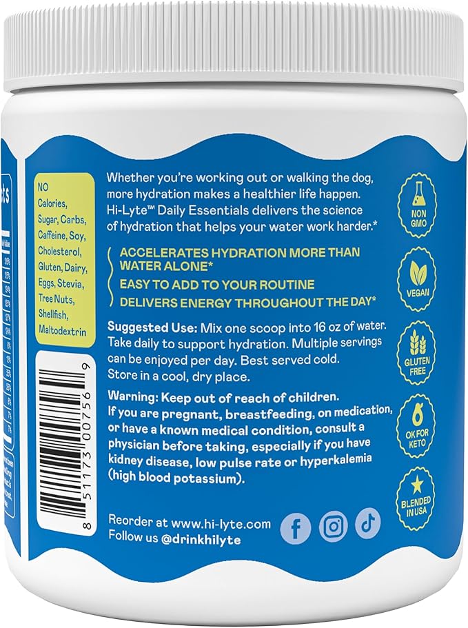 Hi-Lyte Daily Essentials - Electrolytes Powder Mix - Unflavored - Sodium, Potassium, Magnesium, Vitamins - Hydration Support for Daily Wellness, Fasting, Keto - No Sugar, No Carbs, Clean Ingredients