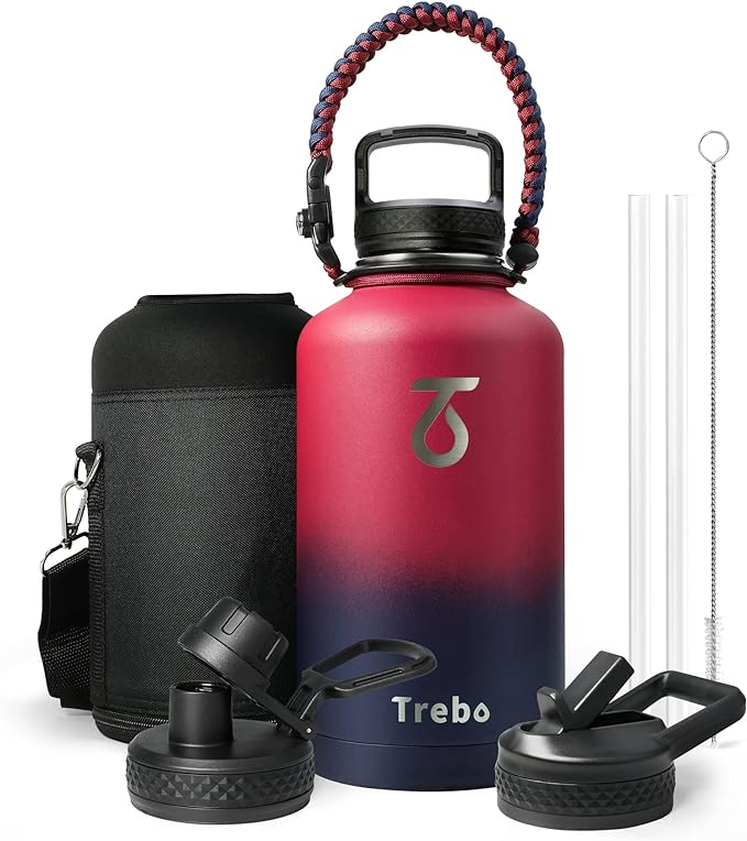 Trebo Insulated Water Bottle 64 oz, Half Gallon Metal Vacuum Water Jug with Paracord Handle and 3 Lids, Leakproof BPA-Free Flask for Gym Sports Hiking Travel, Keep Cold 48 Hours, Ruby Red
