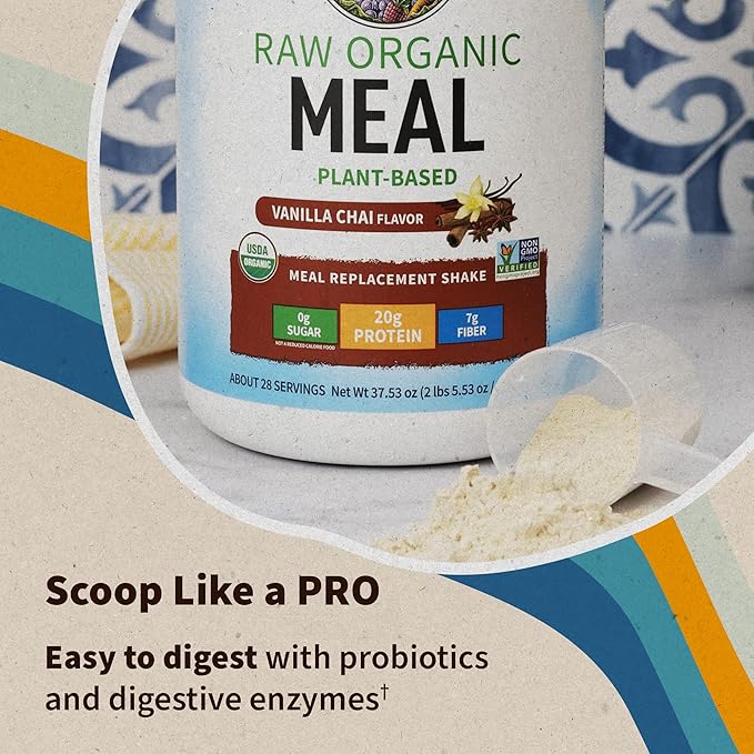 Garden of Life Meal Replacement Shakes, Raw Organic, Vanilla Chai Protein Powder with Plant Based Pea Protein, Sprouts, Greens, Probiotics, Dairy Free 28 Servings