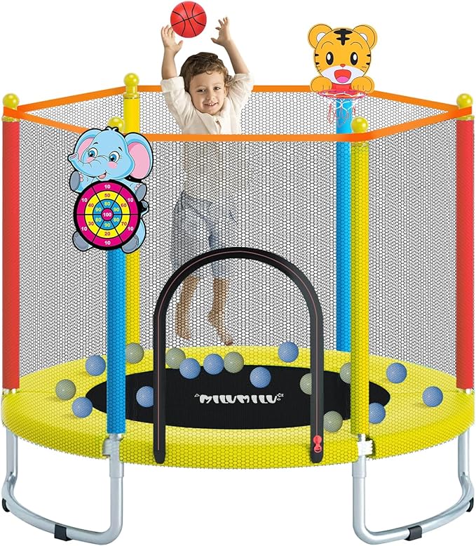 60" Indoor Outdoor Trampoline for Kids,MILUMILU Mini Baby Trampoline with Safety Enclosure Net, Basketball Hoop, Jumping Mat - Birthday Gifts for Children Boy Girl.