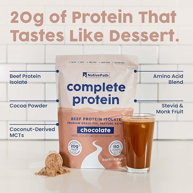 NativePath Complete Beef Protein Powder Isolate – Grass-Fed, Pasture-Raised, Dairy & Lactose Free, Gluten Free, Zero Sugar, MCTs & Amino Acids – 20g Protein, Chocolate Flavor, 30 Servings