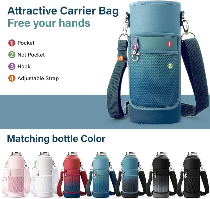 Insulated Water Bottle | Thickened Stainless Steel Vacuum Metal | Portable Sports Water Jug for Gym and Hiking with Straw, Carrier Bag, Handle Strap | BPA-Free 40 oz
