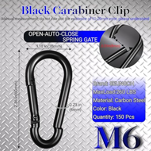 150 Pcs 2.36" M6 Spring Snap Hook Carabiners - Heavy Duty Galvanized Steel Keychain Clips for Hammock, Swing, Camping, Hiking & Outdoor Gear (Black)