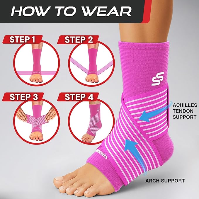 Sleeve Stars Ankle Brace for Women & Men, Ankle Wrap for Sprained Ankle, Compression Sleeve for Plantar Fasciitis Relief, Easy Customizable Support: w/Removable Strap (Single/L:12"-13"/Hot Pink)