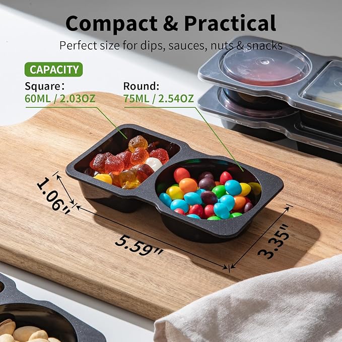 20 Sets Reusable Snack Containers with Lids & 20 Sporks – Double Compartment for Portion Control, BPA-Free Leak-Proof Dipping Containers for Meal Prep, Travel, and Outdoor Snacks (Black)