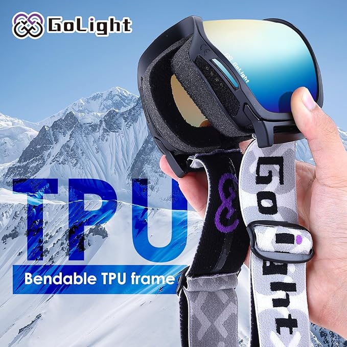 GoLight OTG Anti-Fog Ski Goggles for Men Women ??Spherical REVO Lens, UV400, Breathable TPU Frame, Adjustable Non-Slip Strap