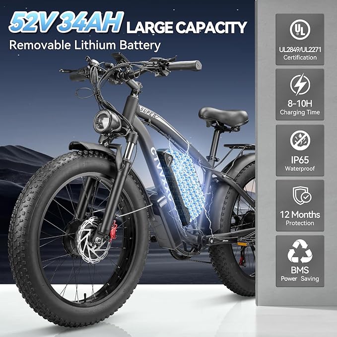 6000W Dual Motor Ebike for Adults 46MPH,210NM Fast Electric Bike,52V 34AH(1768Wh) Up to 105 Miles Long-Range Ebike,24" Fat Tire Dirtbike,Lockable Suspension Electric Bicycle for Off-Road Mountain Snow