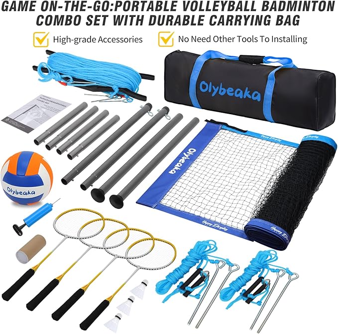 Badminton & Volleyball Combo Set 32 ft with Net, Anti-Sagging Design, 4 Badminton Rackets, 3 Birdies and PU Volleyball for Backyard Lawn Beach