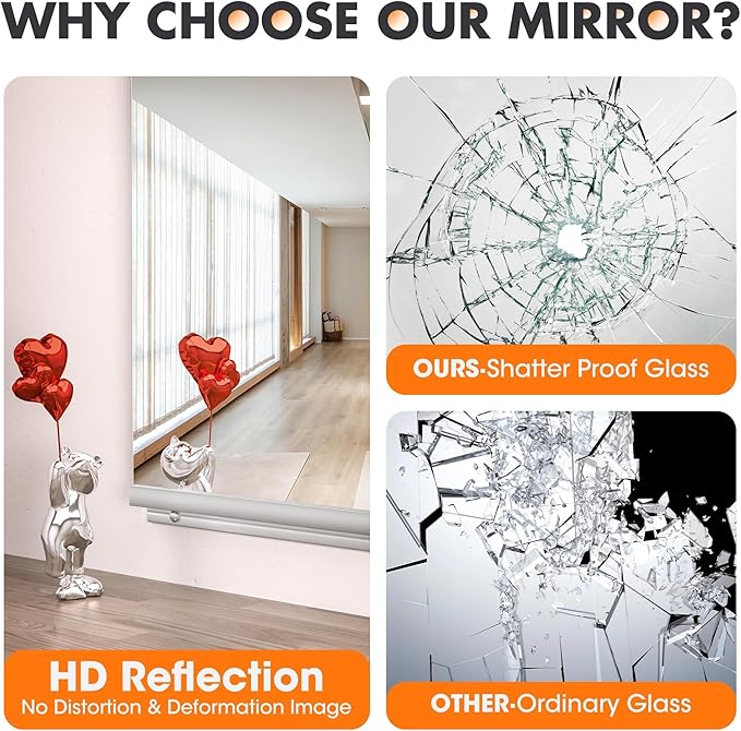 Hasipu Home Gym Mirror 55" L x 21" W - 3PCS Large Full Body Mirror for Yoga, Wall-Mounted Mirrors for Fitness, Garage, Dance Studio, 0.16in Tempered Glass Frameless