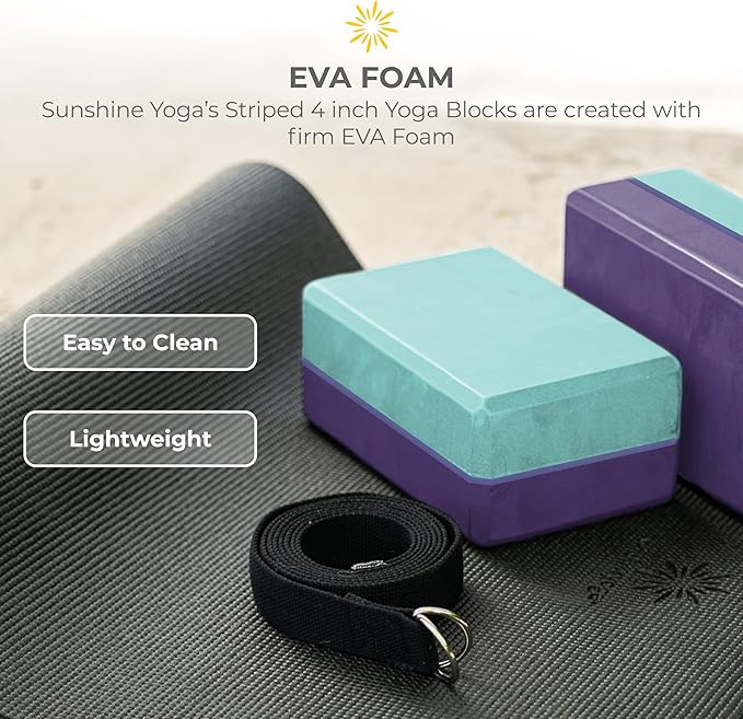 Sunshine Yoga 4" Striped Yoga Block, 6 Pack Bulk EVA Foam Yoga Blocks, Firm and Supportive Yoga Brick, Balance Foam for Stretching, Pilates, and Workout, 4" x 6" x 9"