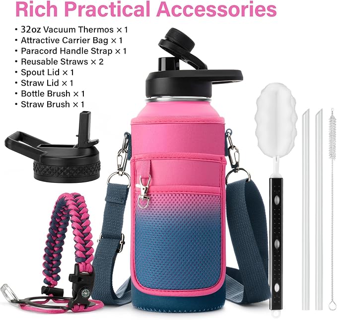Insulated Water Bottle | Thickened Stainless Steel Vacuum Metal | Portable Sports Water Jug for Gym and Hiking with Straw, Carrier Bag, Handle Strap | BPA-Free 32 oz
