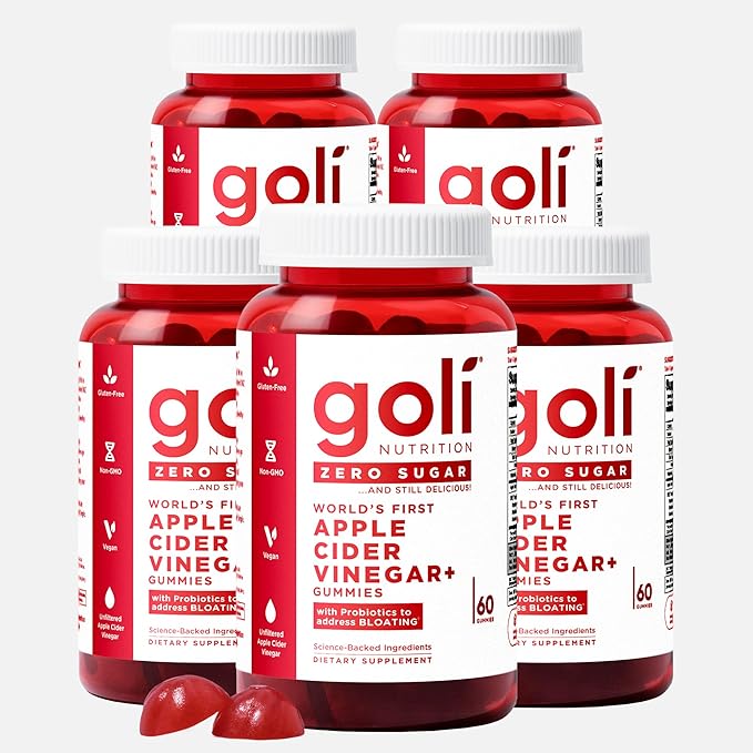 Goli Zero Sugar Apple Cider Vinegar Gummies - Vitamin B12, Probiotics to Address Bloating. No Artificial Sweeteners, No Sugar Alcohols. Vegan, Plant Based, Non-GMO, Gluten-Free & Gelatin Free. (5)