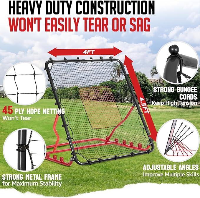 Baseball Rebounder Net, 3/5 Adjustable Angles 4x4.5FT Pitch Back Baseball Softball Volleyball Rebounder with 2 Strike Zones, UV Resistant, Pitchback Trainer for Ground, Line Drive & Fly Balls