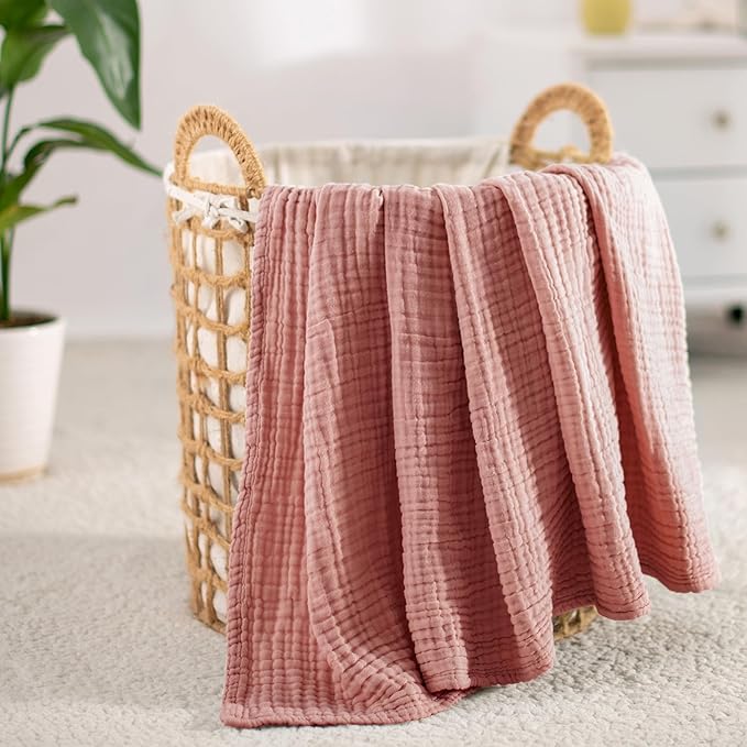 Carriediosa 100% Cotton Muslin Throw Blanket 66" X 90" Twin XL Size，4-Layers Summer Gauze Throws for Bed Couch，Soft Lightweight Breathable Linen Blankets Bedspread for Adults All Season，Mauve