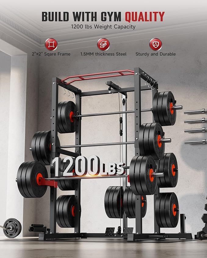 Sportsroyals Power Cage,1600lbs Multi-Function Power Rack with Adjustable Cable Crossover System and More Training Attachment, Weight Cage for Home Gym