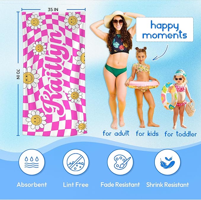 JML Personalized Beach Towel with Name, Custom Flower Beach Towel, Customized Microfiber Pool Towel, Quick Dry & Absorbent Swim Towel for Adult,Anniversary, Birthday, Summer Holiday,Vacation