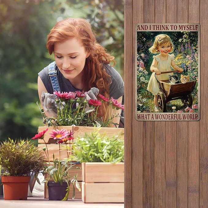 Garden Girl Metal Tin Sign Wall Art Rustic Vintage Outdoor Decor And I Think To Myself What A Wonderful World Quote 12 * 8inch