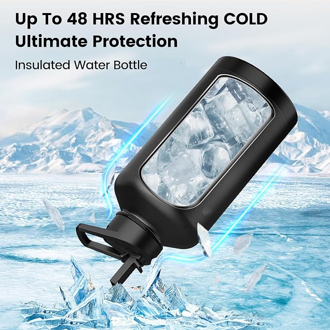 Insulated Water Bottle 128 oz, Triple Wall Vacuum Stainless Steel(Cold for 48 Hrs),Leak Proof & BPA-Free,One Gallon Water Bottle with Reflective Paracord & Flip Straw for Sports & Travel, Black