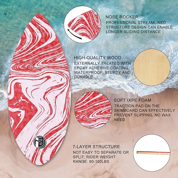 41” Skipper Skimboard with High Gloss Coat Wooden Skim Boards for Beginners, Teenagers and Adults Beach Skimboard 3 Color Traction Pad to Choose
