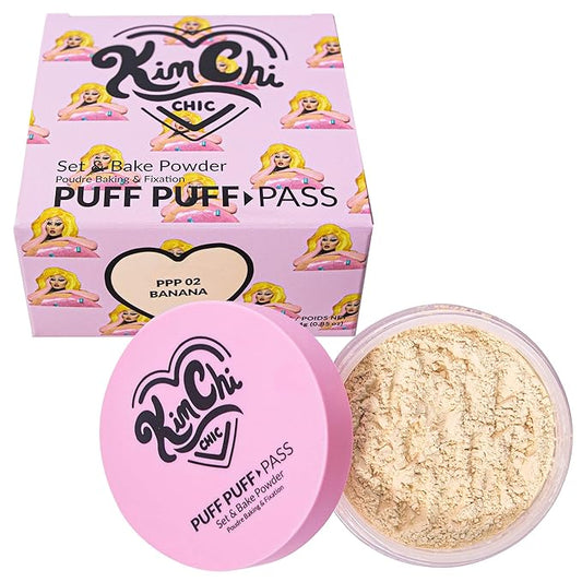 Kimchi Chic Beauty Puff Puff Pass Set and Bake Setting Powder for Makeup, Extra Fluffy Loose Face Powder Poof, Soft Natural Face Makeup for Uneven Skin Tone, 02 Banana