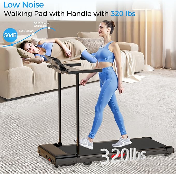Treadmill with Handle, Treadmills for Home Samll Space, 3.0HP Portable Walking Pad with Handle, Walking Pad Treadmill with 320 LBS Capacity, Electric Compact Treadmills, Lightweight Walking Pad