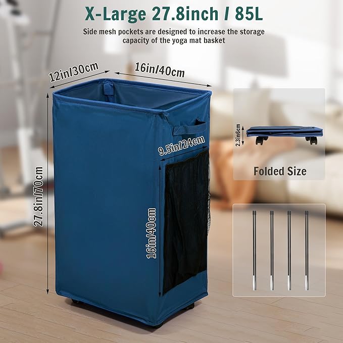 Yoga Mat Storage Racks, Home Gym Storage Rack with Wheels, Yoga Mat Holder Side 2 Mesh Pockets, Yoga Storage Basket Holds 4 Yoga Mats, 2 Foam Rollers, 6 Resistance Bands