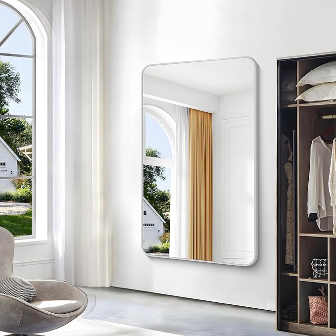 Silver Bathroom Mirror,60x36 inch Wall Mirror for Bathroom Wall Mounted,Rectangle Mirror for Bathroom Over Sink,Modern Frame Round Corner for Living Room,Bedroom Entryway,Horizontal/Vertical