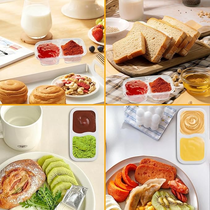 20 Pack Reusable 2-Compartment Snack and Sauce Containers with Lids, Leak-Resistant Dip and Condiment Cups for Meal Prep, Portion Control, Outdoor Use, Freezer & Dishwasher Safe-pink