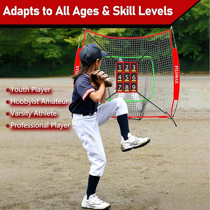 7x7 ft Baseball & Softball Practice Net with 9 Numbered Strike Zone | PRO Training Net for Hitting, Pitching & Batting | with Carry Bag, Bow Frame for All Ages & Skills