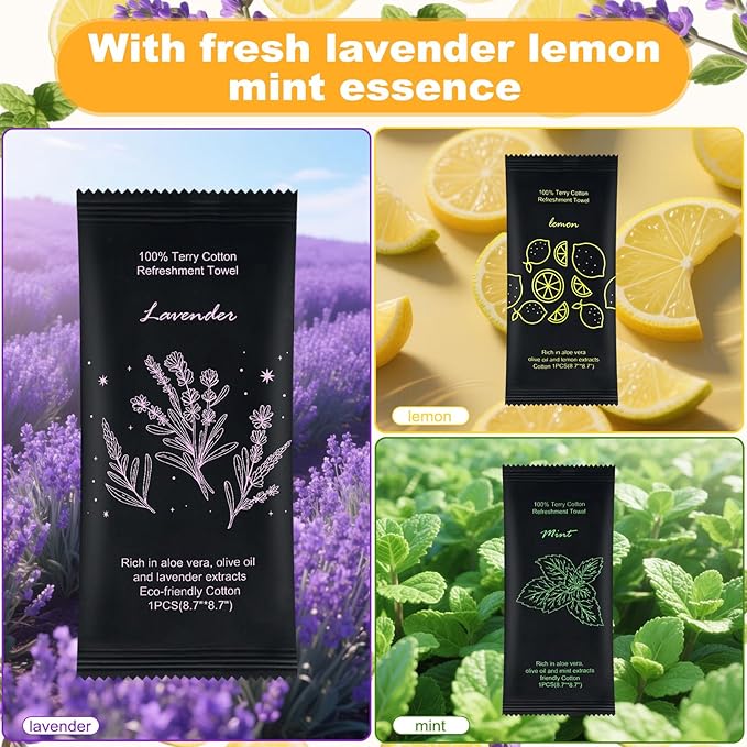 Moist Cotton Towel Bulk Moist Towelettes Individually Wrapped 8.7" x 8.7",White Towel Services,Refreshment Pre Moistened Towels Lavender, Lemon and Mint for Sport Party Spa （pack of 300)