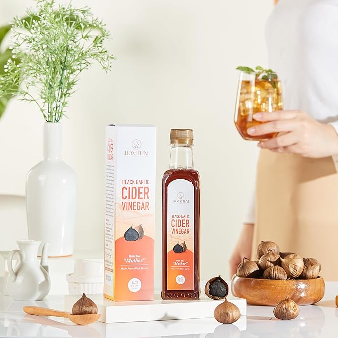 Homtiem Black Garlic Cider Vinegar – Naturally Fermented Vinegar Made with Black Garlic and Cider Vinegar, Gluten Free, Rich in Health Benefits, Ideal for Salad Dressings, Sauces, Drinks, and Healthy Recipes (350ml, Pack of 2)