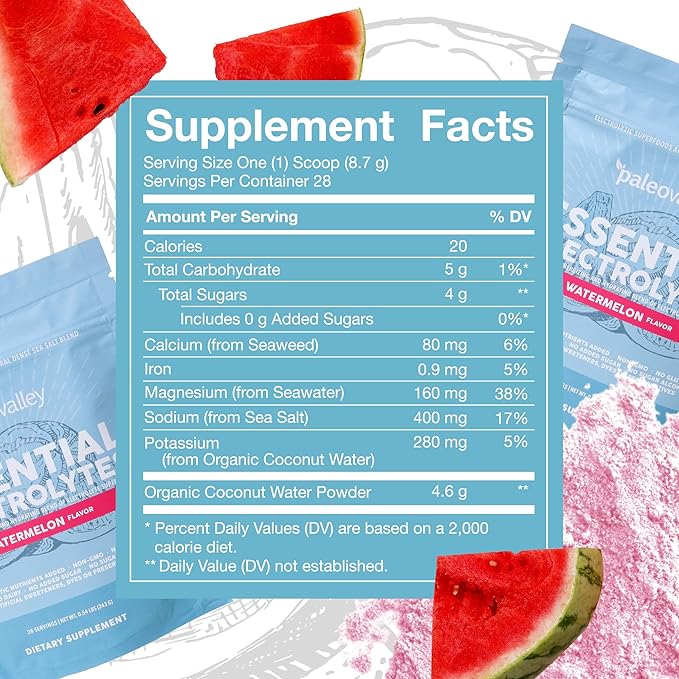 Paleovalley Essential Electrolytes Powder - Full Spectrum Watermelon Electrolyte Powder for Hydration, Energy and Muscle Recovery - No Sugar Added - 28 Servings