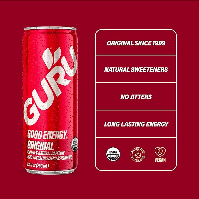 GURU Original Organic Energy Drinks, Clean Energy Drink with Plant Based Natural Caffeine from Green Tea, Gluten Free and Vegan, 100MG Caffeine, Healthy Drinks, 8.4oz (Pack of 24)