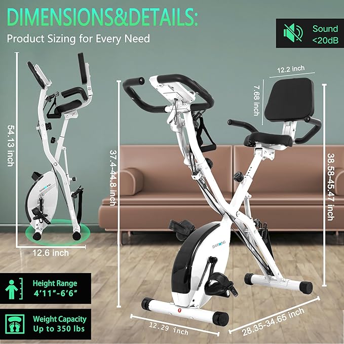 BARWING Stationary Exercise Bike for Home Workout, 5 IN 1 Foldable Indoor Cycling Bike for Seniors, 350LB Capacity, 16-Level Magnetic Resistance, Seat Backrest Adjustments