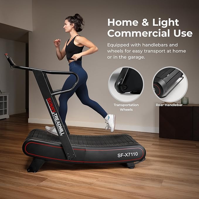 Sunny Health & Fitness Premium Manual Treadmill – Non-Motorized, Heavy-Duty, Commercial-Grade, Adjustable Handlebar, for Endurance Training, Optional 8-Level Magnetic Assistance & Free SunnyFit App