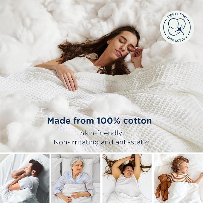 Bedsure 100% Cotton Blanket King Size for Bed - Breathable and Soft, Waffle Weave Blanket for Summer, Thick Cozy Fall Blankets for Women Gift, White, 104x90 inches