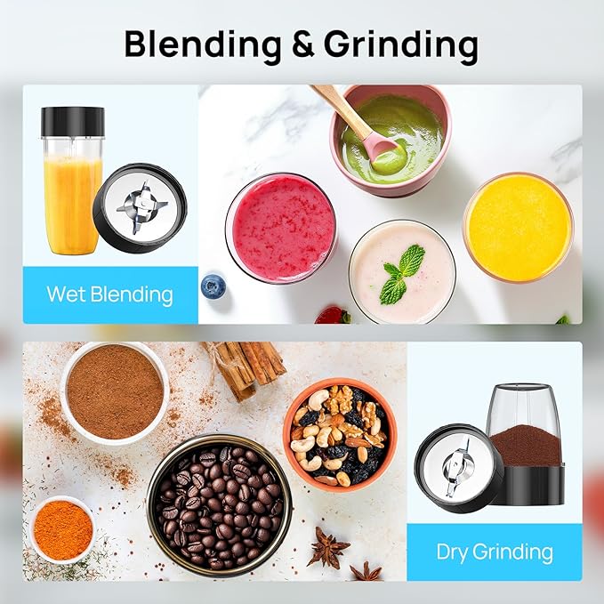 Consciot CB08 16-Piece Blender & Grinder Combo for Kitchen and Personal Size, Blend Shakes and Smoothies, Frozen Drinks, Baby Food, Spreads & More, 4 BPA-Free Portable To-Go Cups, 900 Peak Watts