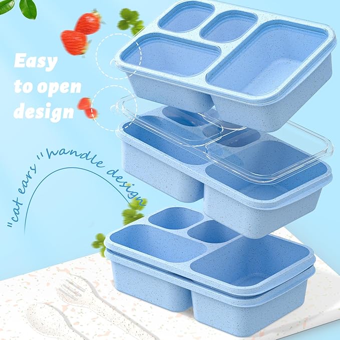 Large Capacity Bento Box for Adults, 4-Piece Set – Stackable Lunch Box with 4 Compartments, Microwave & Dishwasher Safe, Reusable Meal Prep Containers, Snack Containers for Kids & Adults (Blue)