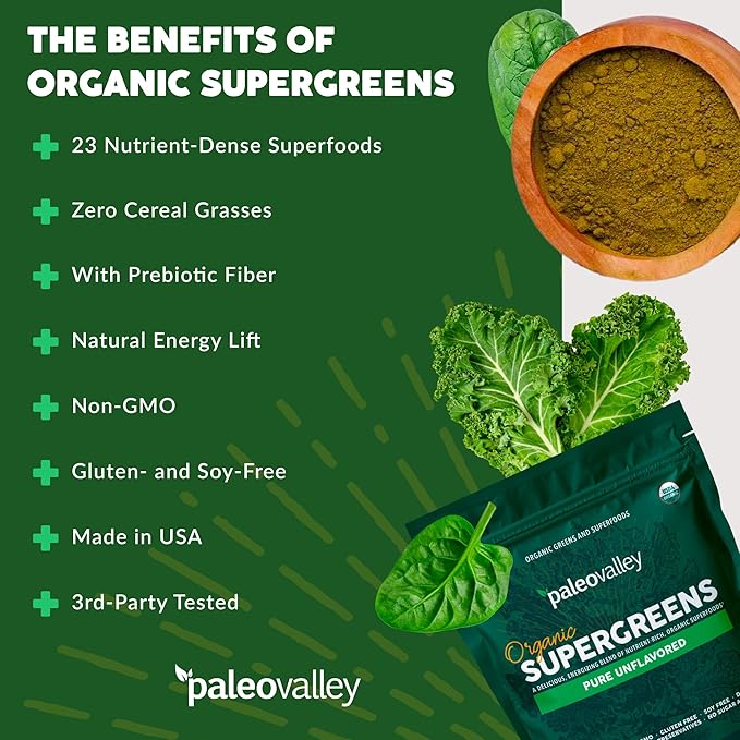 Paleovalley Organic Supergreens Powder - 23 Superfoods with Prebiotic Fiber for Energy and Immunity Support - No Cereal Grasses for Maximum Absorption - Pure Unflavored, 30 Servings