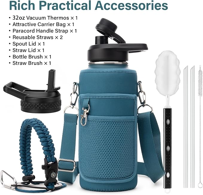 Insulated Water Bottle | Thickened Stainless Steel Vacuum Metal | Portable Sports Water Jug for Gym and Hiking with Straw, Carrier Bag, Handle Strap | BPA-Free 32 oz