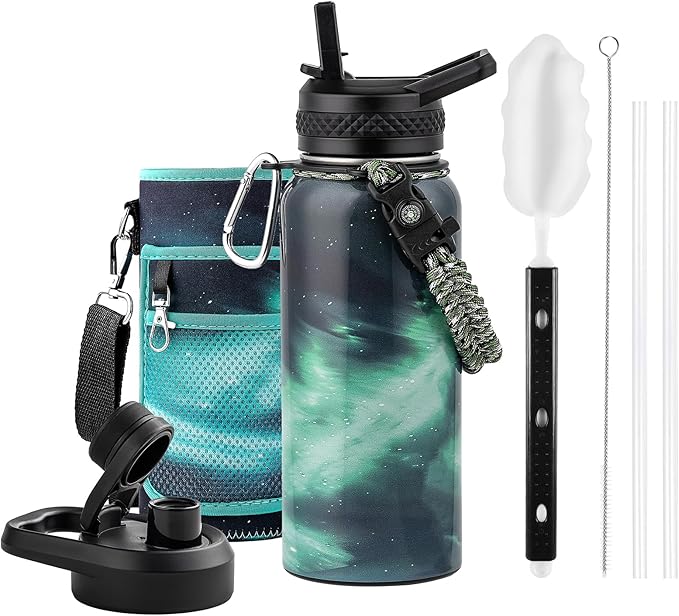 32oz Insulated Water Bottle, Triple Wall Vacuum Stainless Steel Water Bottles - Keeps Cold 48H, Reusable Metal water flask Jug for Gym, Sports, Camping, Hiking,Travel, Northern Lights Green