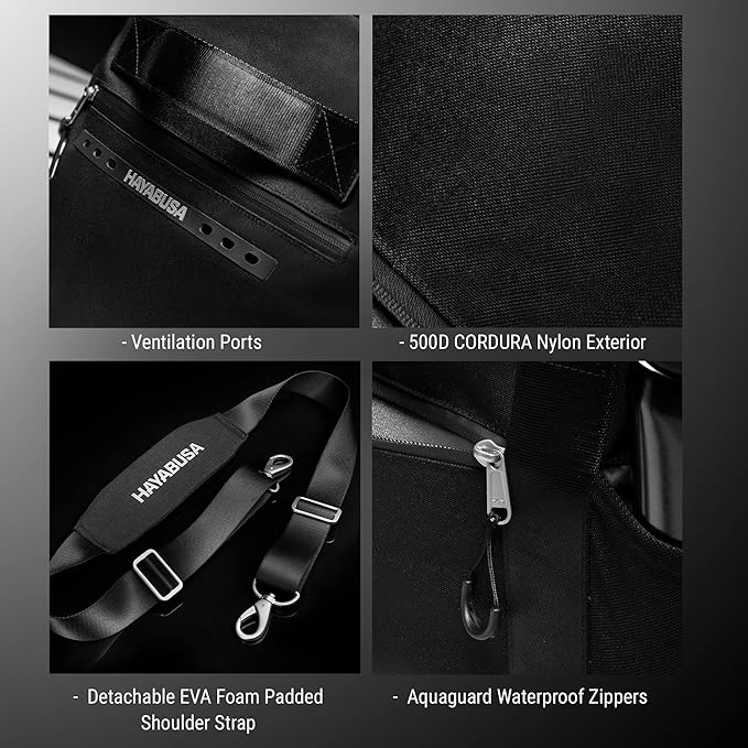 Hayabusa Airstream Athletic Duffle Gym Bag for Women and Men - Black, 50l duffle bag - 7 zippered Pockets, Good for travel, Boxing, MMA, BJJ, kickboxing, Muay Thai, wrestling, Glove/Shoe Compartment