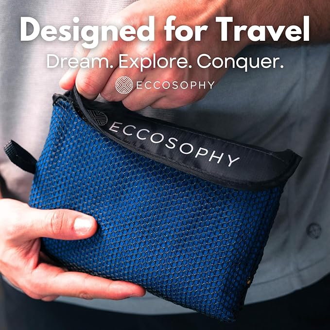 ECCOSOPHY Microfiber Beach Towel – Quick Dry Gym Towel, Highly Absorbent with Ribbed Texture, Lightweight – Ideal for Travel, Pool, Yoga, Fitness & Outdoor Adventures – 40x20 Navy