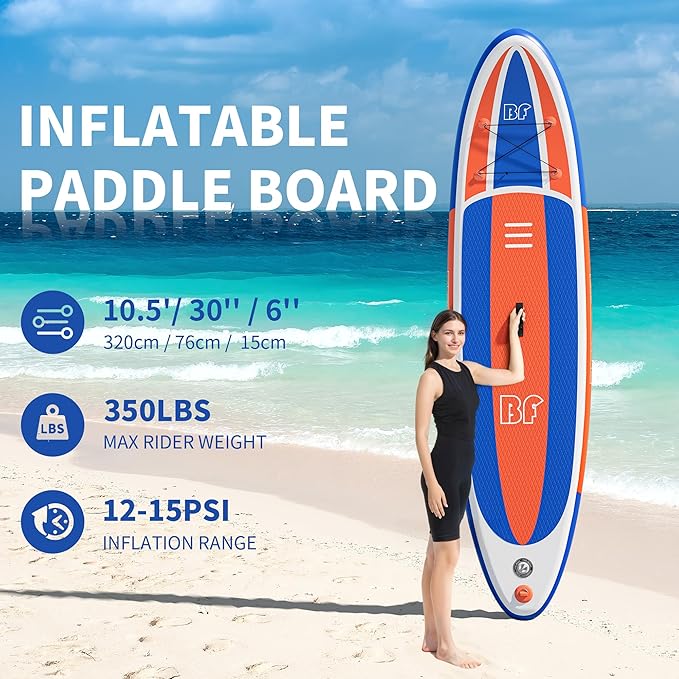 Inflatable Stand Up Paddle Board with SUP Accessories & Backpack. Paddle Boards for Adults. Non-Slip Deck, Wide Stance, Bottom Fin, Double Action Pump.