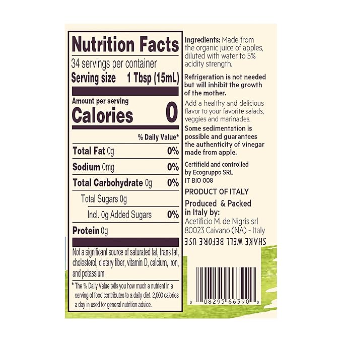 De Nigris Organic Apple Cider Vinegar Raw & Unfiltered 16,9 Oz (Pack of 2) | Apple Cider Vinegar With Mother A Source Of Functional Elements For The Balance Of Metabolism | Organic