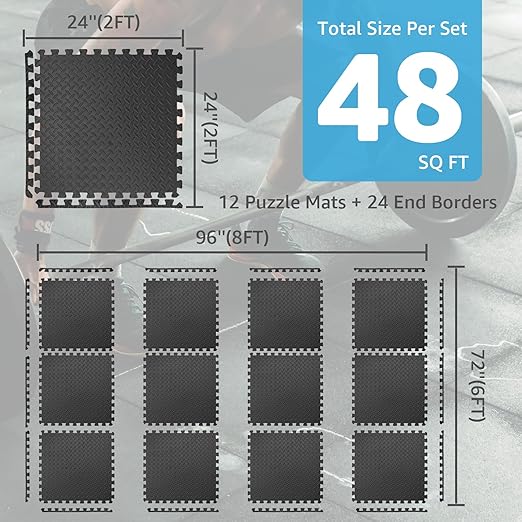 Art3d 48 Sq.Ft Eva Puzzle Exercise Mats, 24"x24" x 1/2" Thick Foam Interlocking Tiles for Flooring, Workout, Gym Equipments, Pack of 12