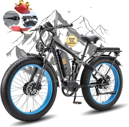 52V Electric Bike for Adults, 38MPH 26” Fat Tire Dirtbike 6000W Peak, AWD Ebike Dual Motor,26AH Removable Battery Fast Full Hydraulic Brake
