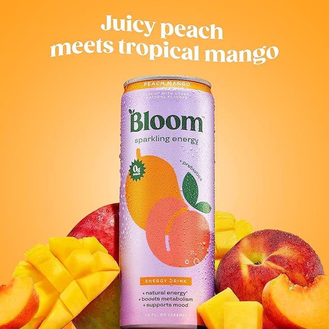 Bloom Nutrition Sparkling Energy Drink for Focus, Natural Caffeine, Zero Sugar, 180mg Caffeine, Antioxidant-Rich with Green Coffee Bean, Green Tea Extract, & Prebiotics, Peach Mango 12oz 24 Pack
